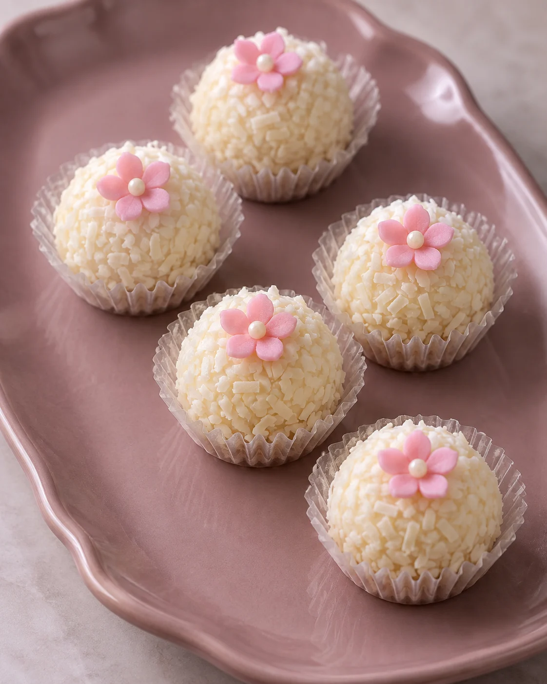 Composição ilustrativa de brigadeiros brancos com flores cor-de-rosa